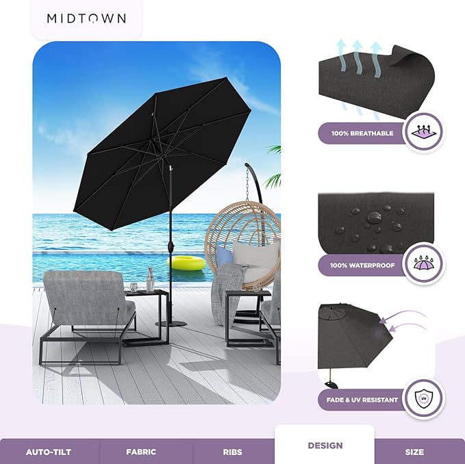 Midtown Umbrellas Sunbrella Umbrella 9 Feet Outdoor Umbrella With Spectrum Carbon Acrylic Fabric - Auto-Tilt Aluminum Frame Patio Umbrella For Backyard, Deck, Garden, Pool - Black Pole