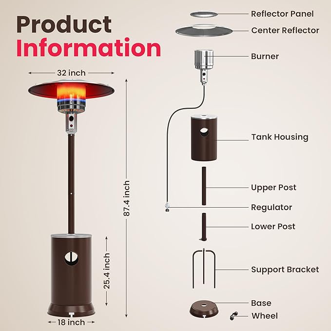 PAMAPIC 48000 BTU Patio Heater with high-strength waterproof cover, Propane Heater for Outdoor Use 2 in 1 Table Design, Double-Layer Stainless Steel Burner,Residential, Gray (Brown)