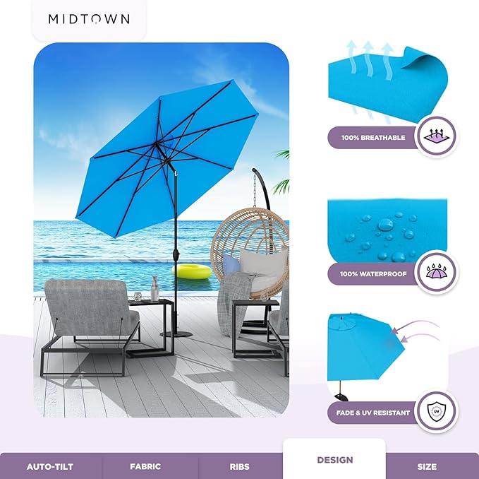 Midtown Umbrellas 10-Year-No-Fade - 10 Ft - UV Proof Cobalt (Blue) Polyester Fabric - Umbrella Outdoor Patio, Aluminum Frame Large Patio Umbrella for Garden, Pool & Deck - Black Pole