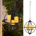 Battery Operated Outdoor Candle Chandelier - Black Metal Globe Hanging Pendant Light with 3 Flameless Candles, 12.6" Waterproof Lights for Gazebo, Pergola, Garden, Porch & Backyard