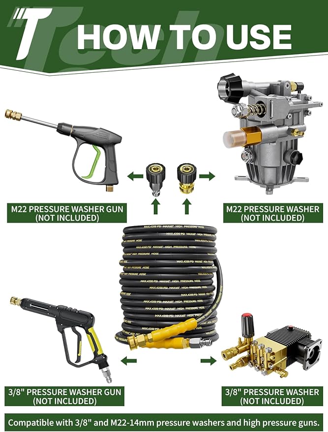 4200PSI Pressure Washer Hose 200FT with 3/8" Swivel Quick Connect for Cold/Hot Water, Kink Resistant Steel Wire Braided, Wear Resistant Power Washer Hose with 2 M22 14mm Adapter Set