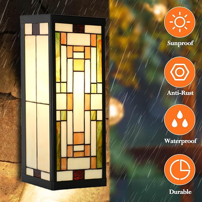 WL0005 Tiffany Style Rectangular Outdoor Wall Lights Stained Glass Corridor Wall Lamp Vintage Outdoor Balcony Aisle Hallway Wall Sconce Lighting,6" Wx 5.5" D x16 H, Bulb Included (Bricks)