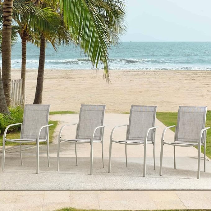 Outdoor Dining Chairs Set of 6, Stackable Patio Chairs with Textilene Fabric, Lightweight Garden Chairs for Poolside, Backyard, Camping, Grey