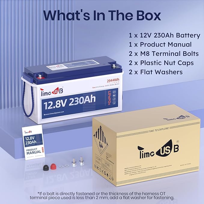 Timeusb 12V 230Ah LiFePO4 Lithium Battery, Built-in 150A BMS, Max. 1920W Power Output & 2944Wh Energy Lithium Battery, 15000 Cycles for Your RVs, Solar System, Off-Grid, Camper, etc