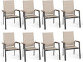 PHI VILLA Outdoor Stackable Chairs, Patio Chairs Set of 8, Light Weight Aluminum Frame with Textilene Fabric & Wood Armrest, High Back Deck Chairs for Poolside Lawn Garden, Beige