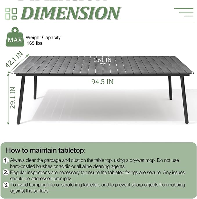 Outdoor Dining Table for 8-10, 94.5 inch Patio Dining Table with Wooden-Like Top and Aluminum Frame, Rectangular Table with Umbrella Hole Outdoor Furniture, Grey