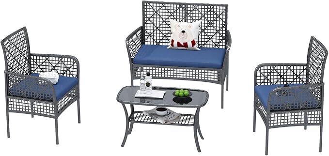 4-Piece Patio Furniture Set, Weather-Resistant Rattan Patio Conversation Set with Two-Tier Coffee Table, Upholstered Openwork Wicker Furniture for Porch, Garden, Lawn, Blue