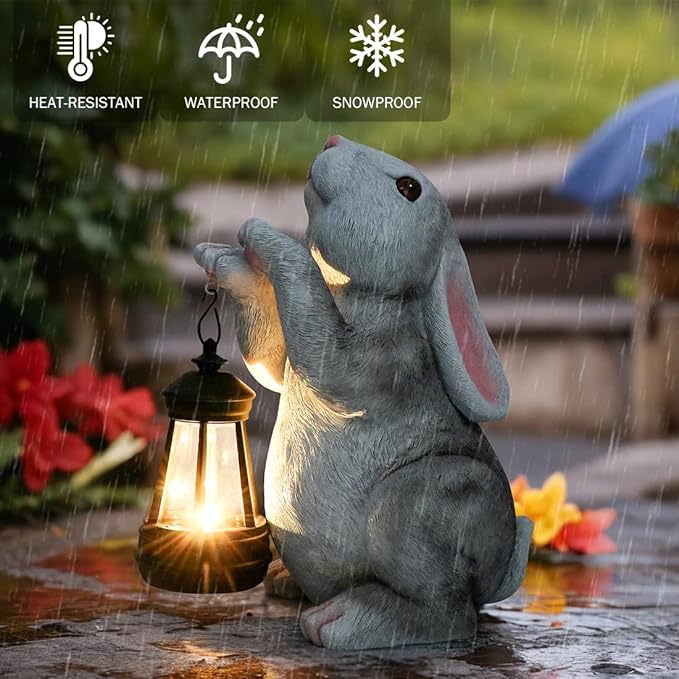 Solar Rabbit Garden Statues， Outdoor Bunny Figurines Decorations for Patio Yard Lawn Ornaments Christmas Housewarming Gift.