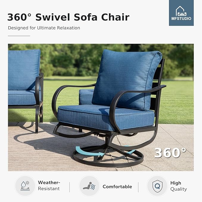 MFSTUDIO 8 Pieces Patio Furniture Sets with 45" Gas Fire Pit Table,Outdoor Metal Conversation Sofas with 1 x 3-Seat Sofa, 2 Single Chairs,2 Swivel Chairs and 2 Ottoman,Peacock Blue Cushion