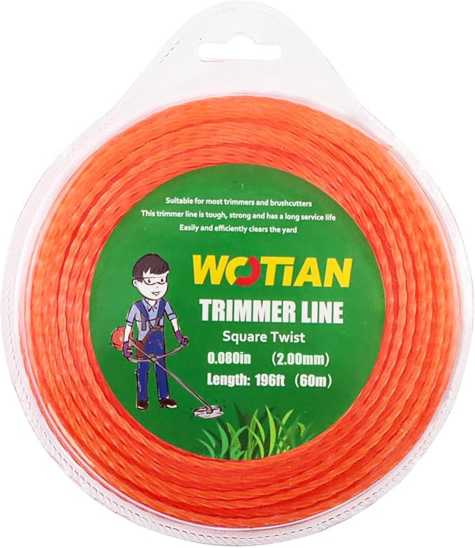 WOTIAN 080 Square Twisted Trimmer line 0.080-Inches Weed Eater String 196-Foot Square Twist Weed Wacker String of Nylon Compatible with Stihl Echo Universal Grass Cordless Electric Trimmer,Orange