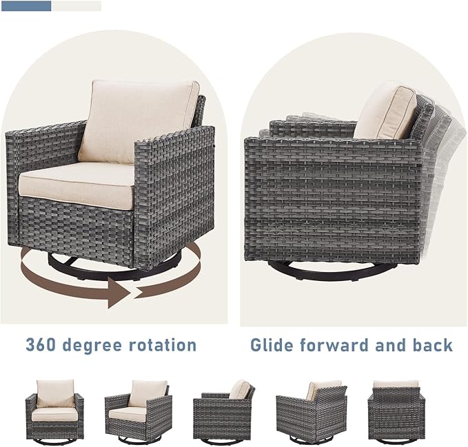 Chair, 360-degree Swivel Wicker Patio Rocker Chair Set of 2 with Side Table, Queen Anne Style, Grey/Beige, Outdoor Furniture