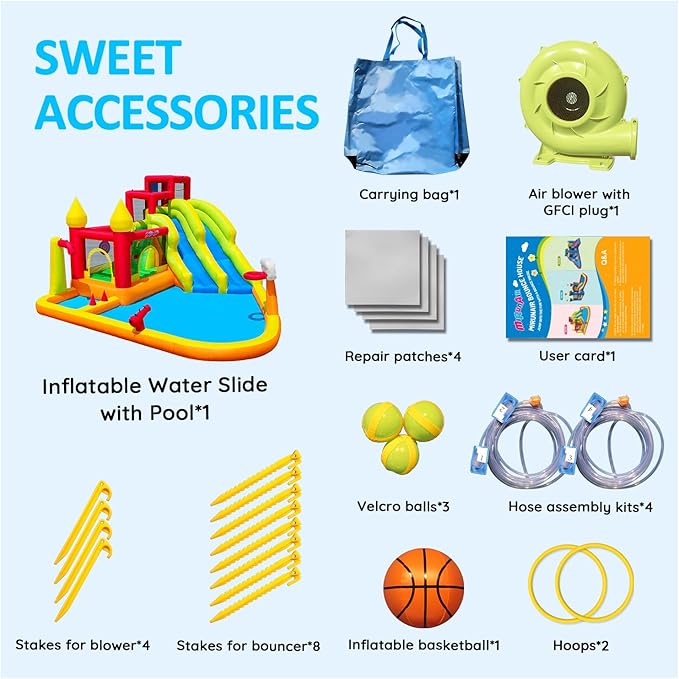 Inflatable Bounce House with Slides, Inflatable Water Slide for Kids Backyard, Bounce Water Prak with Air Blower, Splash Pool, Water Cannon, Climbing Wall, Outdoor Backyard Water Park