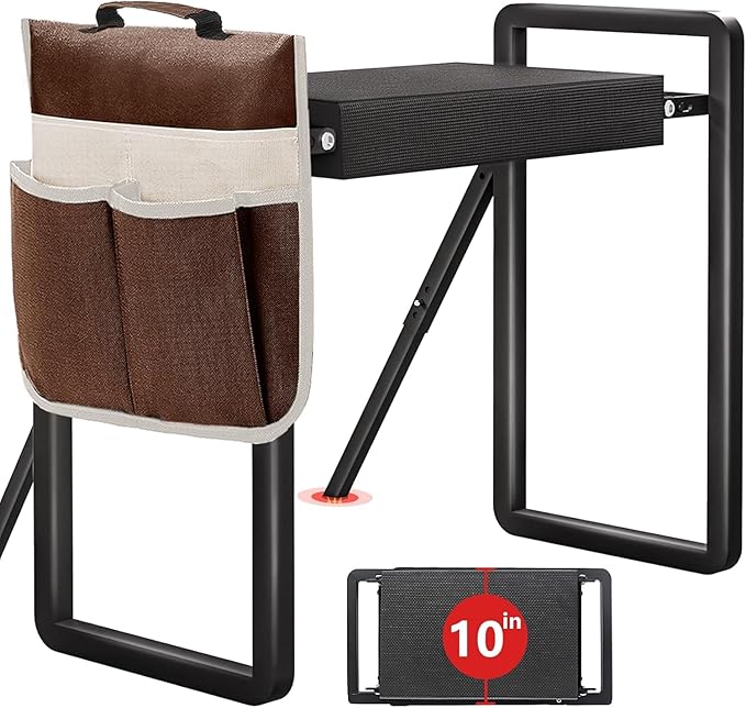 Heavy Duty Garden Kneeler and Seat for Elderly, 400lbs Capacity Foldable Gardening Stool with Support Legs & Thick Pad, Includes Large Tool Organizer Bag, Black