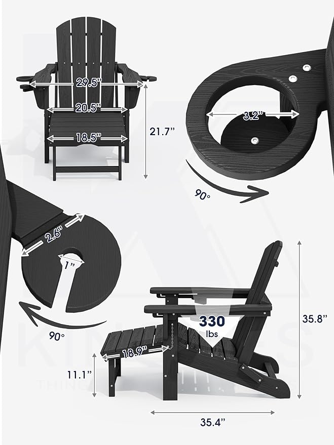 KINGYES Folding Adjustable Adirondack Chair with Retractable Ottoman, HDPE Reclining Adirondack Chair with Cup Holder, Black