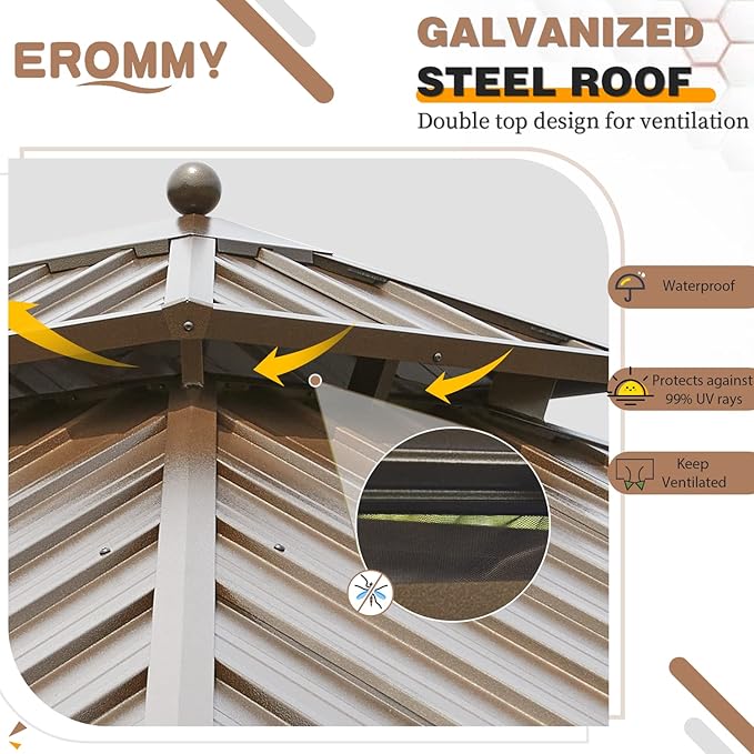 EROMMY 10 x 13FT Hardtop Gazebo with Galvanized Steel Double Roof Canopy,Aluminum Frame Netting and Curtains Included Outdoor Permanent Metal Pavilion for Parties Deck and Lawns