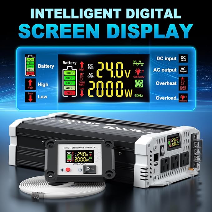 2000 watt Pure sine Wave Inverter, 24V DC to 110V AC Power Inverter, Used for Solar Emergency Power Supply in RV Homes, with 3 AC Output sockets, USB Port, Type-C Port, Remote Control with LCD Screen