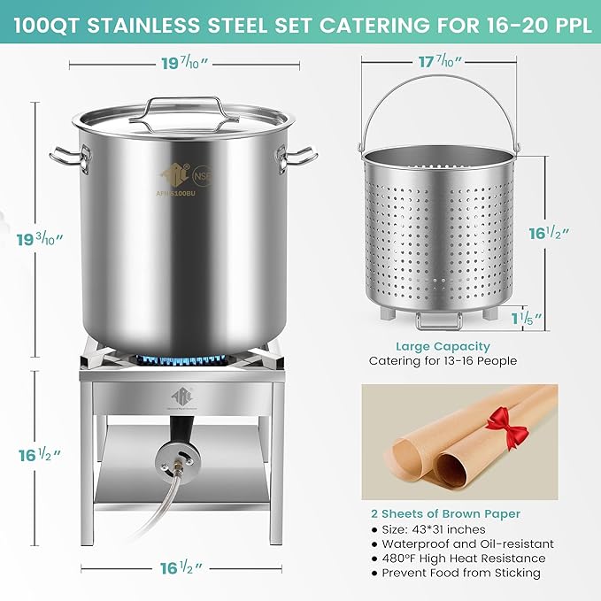 ARC 100QT Stainless Steel Seafood Boil Pot with 200,000BTU Propane Burner, w/Basket for Outdoor Deep Fryer, Large Cooking Pot for Turkey Fryer, Crab, Crawfish, Shrimp, Lobster Boiling Stock Pot