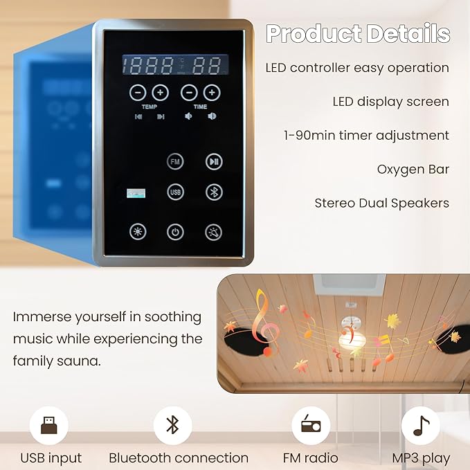 Far Infrared Sauna Home 1 Person, Sauna Spa Room Canadian Hemlock Wood 1340W 120V Low EMF with 7-Color Light Therapy, Control Panel, Bluetooth Speakers, Dual Tempered Glass Door
