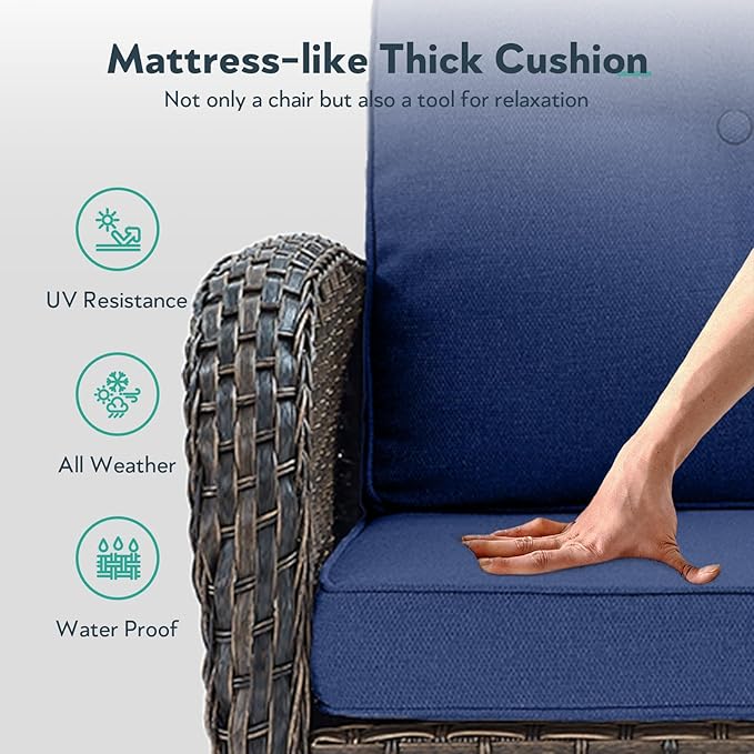 5 Piece Patio Furniture Set - Wicker Patio Conversation Set with Swivel Glider, Loveseat Bench, Tempered Glass Side Table and Coffee Table for Deck Backyard - Brown Wicker Blue Cushion
