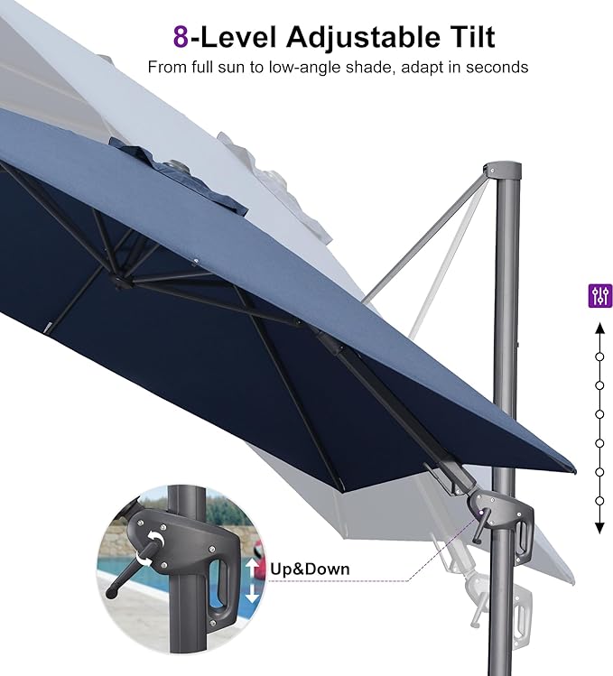 PURPLE LEAF 11' X 8' Swivel Outdoor Patio Aluminum Umbrella with Base Left-right Tilting Cantilever Offset Umbrella with UV Resistant Heavy Duty Fabric for Deck Pool Patio Backyard, Ocean Slate