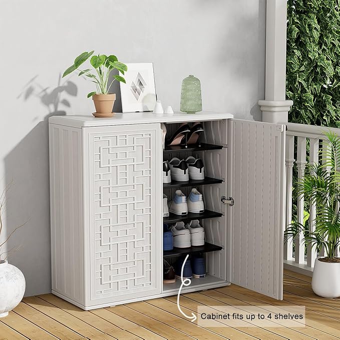 KINYING Outdoor Storage Cabinet Waterproof, Resin 60 Gallon Deck Box for Patio Furniture Cushions, Garden Tools, Pool Tools and Kids’ Toys (Off White with 1 Shelving)