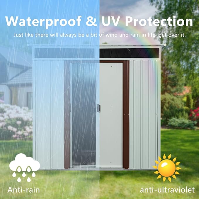 Favfurish 6×5 FT Outdoor Galvanized Metal Storage Shed Large Garden Sheds W/Sliding Doors and Padlock,Rust and Waterproof,with Window and Punched Vents,Tool-Sheds for Backyard,Lawn,White