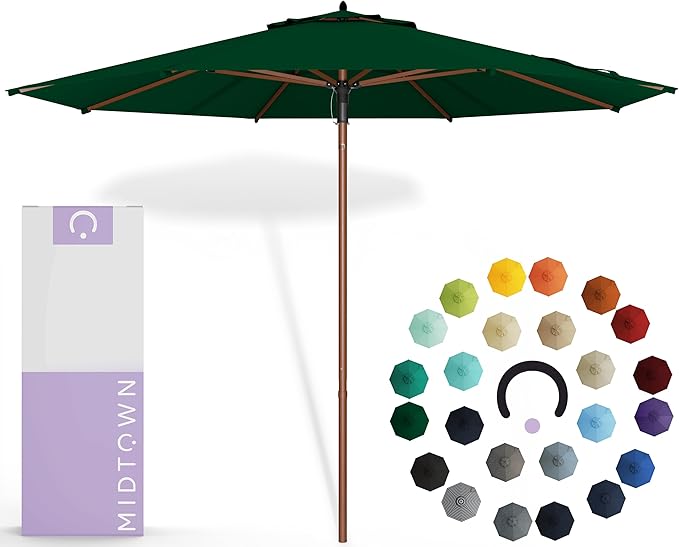 Midtown Umbrellas The Wooden 10 Feet Patio Umbrella With Sunbrella Forest Green Acrylic Fabric - Aluminum Frame Market Umbrella For Backyard, Deck, Garden, Pool - Wooden Pole