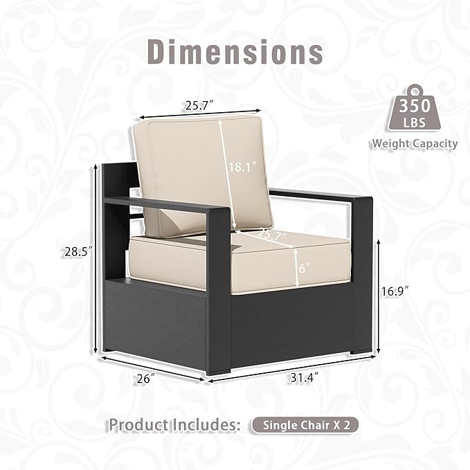 3 PCS Aluminum Patio Conversation Set - Outdoor 3-Seater Sofa, 2 Fixed Chair with 6" Thick Water-insistant Cushions, All-Weather Use Frame, Removable Cover, Ideal for Garden, Poolside (Beige)
