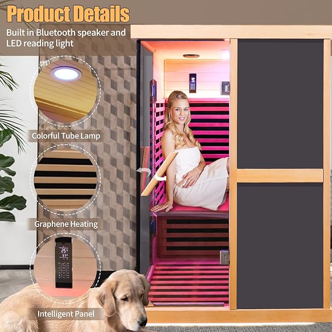 Home Sauna Infrared Sauna 7 Color Light Indoor Sauna for 2 Person,APP Control Dry Sauna Low EMF 1980W/110V Canadian Hemlock Wood Saunas,for Home Spa