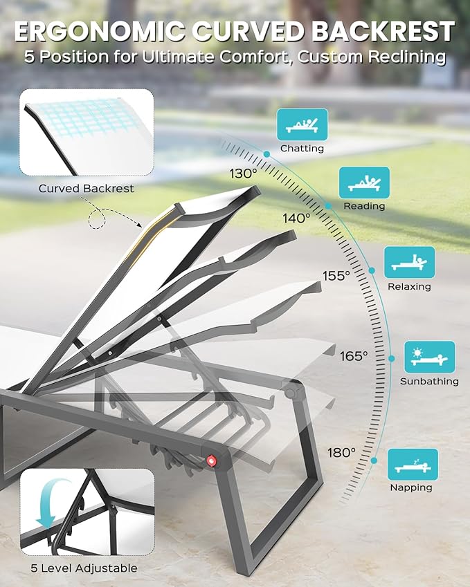 Aluminum Chaise Lounge Chair Outdoor, Foldable & Assembly Free Patio Pool Lounge Chairs 5-Position Recliner for Outside Poolside, Fully Grounded Legs Sun Lounger for Beach, Yard, White