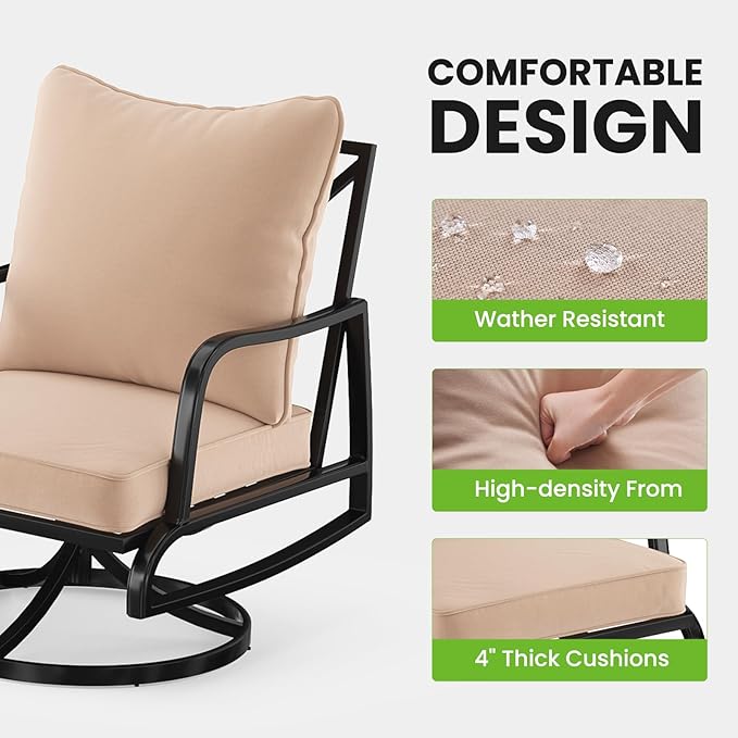 Soohow Patio Furniture Set, 5 Piece Outdoor Patio Furniture Set, 2 x Outdoor Swivel Chair, 1 x 3-Seats Sofa and 2 x Ottoman, Metal Conversation Set for Porch, Balcony, and Backyard