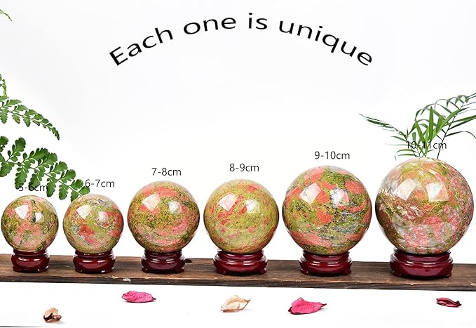 JIC Gem Healing Crystal Sphere Ball with Wood Stand Natural Unakite Rock Gemstone Sphere Crystal Orbs for Meditation Grid Decor (80-90mm)