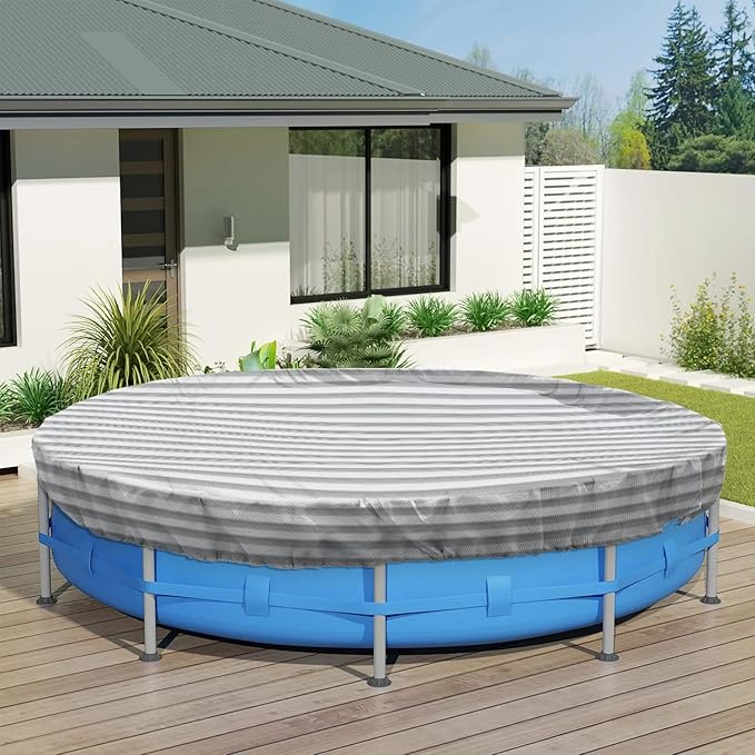 ECOOPTS 10 ft Round Pool Cover for Above Ground Pools, Swimming Pool Cover Protector Winter Safety Cover (Gray White Stripes)