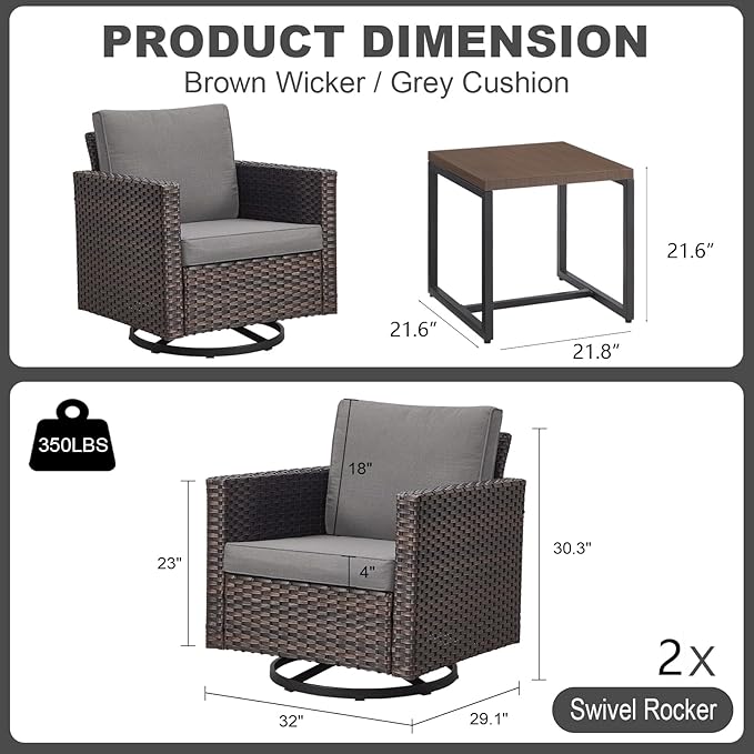 Outdoor Swivel Rocker Chairs, Patio Swivel Chair Set, Two Swivel Patio Wicker Chairs with One Side Table, Brown/Grey