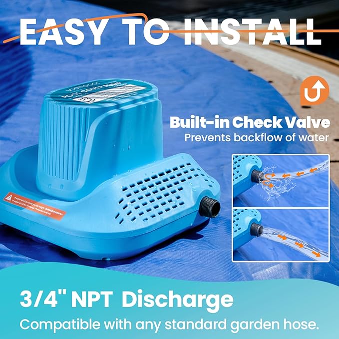 1/2 HP Pool Cover Pump Automatic On Off, Submersible Sump Pump Inground/Above Ground, 2169 GPH Water Removal Pump with 25 Feet Power Cord for Swimming Pool, Pond, Basement, Window Well