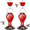 Kingsyard 2 Pack Glass Hummingbird Feeder 24 Ounces, 6 Feeding Ports, Hanging Bird Nectar Feeder for Outdoors Garden Yard Décor, Ant Moat Included, Red