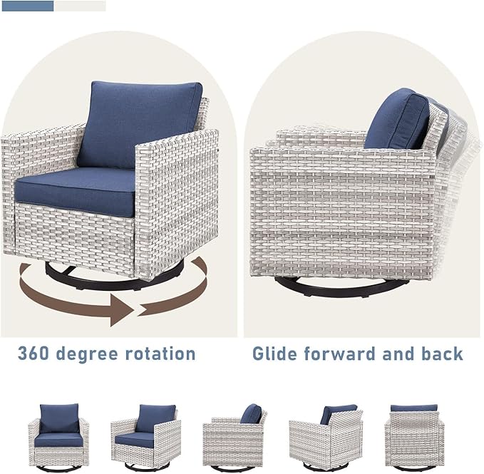 Wicker Patio Furniture Set, 6 PCS Outdoor Patio Furniture Set with Swivel Chairs, Includes 2 Swivel Patio Chairs, 1 Outdoor Couch, 1Side Table and 2 Ottoman, Light Beige/Blue