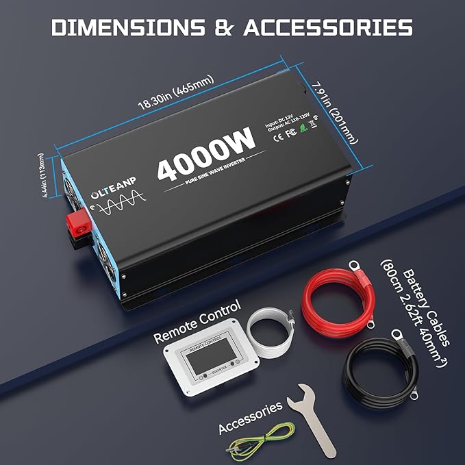 New Upgraded 4000 Watts Pure Sine Wave Inverter, 12V DC to 110V AC Power Inverter with 4 AC Outlets, USB Port, Type-C Port for Truck, Vehicle, Power Outage, Remote Control with LCD Screen