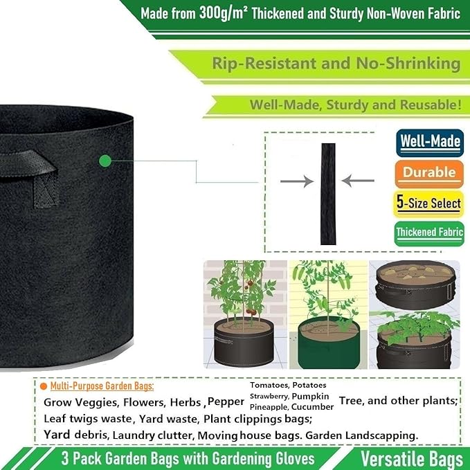 3-Pack 20 Gallon Thickened Plant Grow Bags Large (22x12 in) Heavy Duty Garden Bag Fabric Plant Pots for Tomato,Potato Planter,Flower Pots,Herbs Veggies Planting,Barrel Planter,Yard Waste Bag,Leaf Bags
