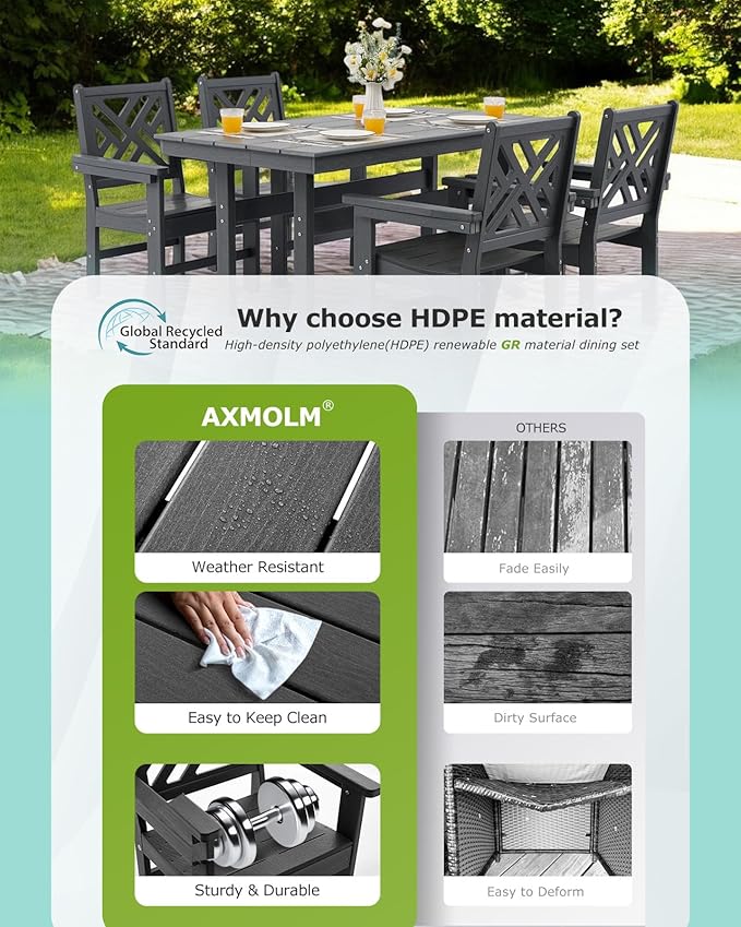 7 Piece HDPE Outdoor Dining Set for 6 Patio Dining Furniture Set with Umberlla Hole, Weather Resistent Outdoor Table and Chairs for Garden, Poolside, Backyard, Deck, Grey