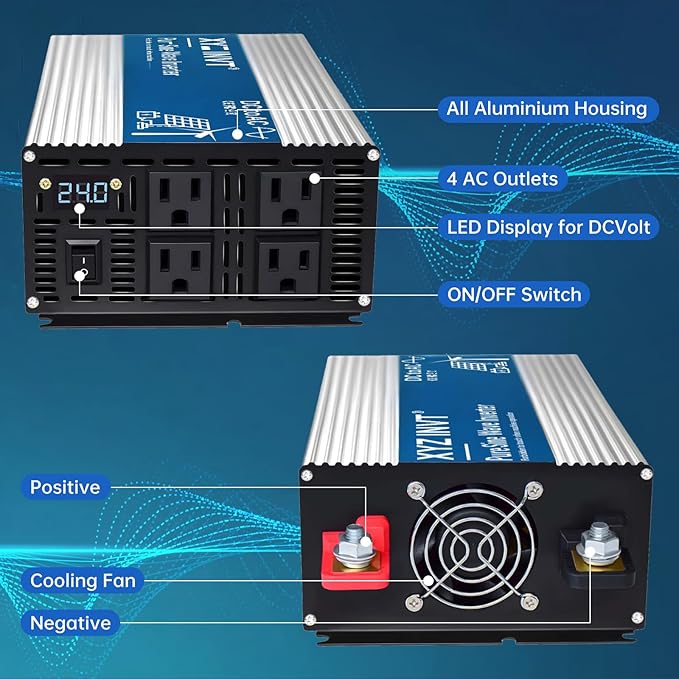 2000W Pure Sine Wave Inverter DC 24V to AC 120V, 4000W Peak Power with LED Display, Power Converter for Car, Truck, Solar, Home & Rechargeable Devices