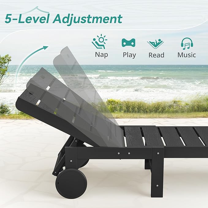 Outdoor Chaise Lounge Chairs Set of 2, 2-Piece, 26.8” Super Wide Lounge Chair Outdoor, HDPS Pool Chairs with 5 Positions, Patio Lounge Chair with Wheels for Pool,Lawn,Backyard, Black