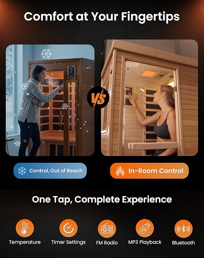 PAETA Infrared Sauna | 1-Person Indoor Dry Sauna with 5 Carbon Heaters | Fast & Even Heating Low EMF | Bluetooth & Chromotherapy for Home Sauna(Wooden)
