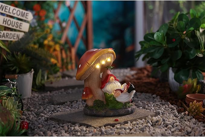 Garden Gnomes Statues Outdoor Decor Outside Yard Art Mushroom Solar Light Funny Gnome Figurine for Yard Patio Gifts for Mom Women (Multicolor)