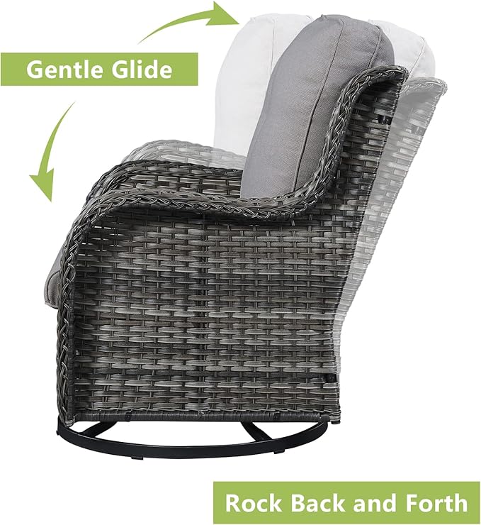 Outdoor Patio Swivel Rocker Chairs - 3 Piece Patio Bistro Set,Wicker Patio Furniture Set with 2 Swivel Rocking Chairs and 1 Glass Top Side Table for Deck Porch Garden,Mixed Grey/Beige