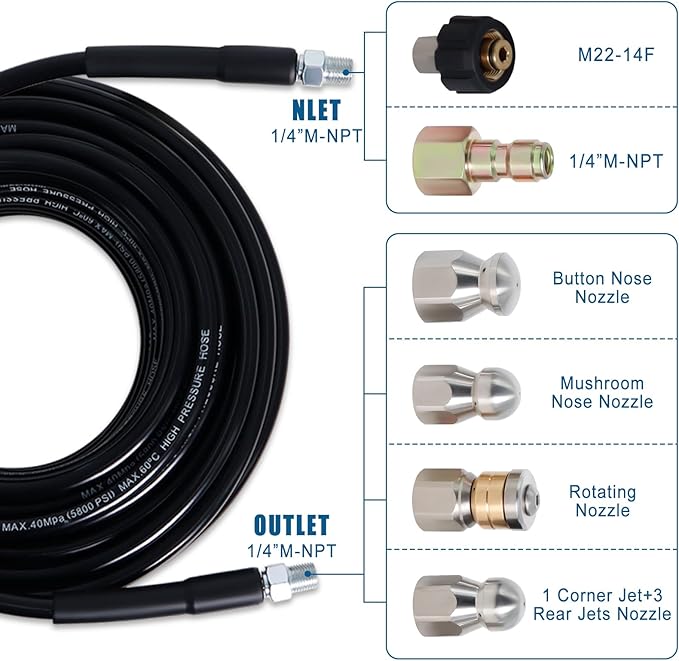 100FT Sewer Jetter Kit for Pressure Washer, 5800PSI Drain Cleaner Hose 1/4 Inch NPT Corner with 4 Sewer Jetting Nozzles，Waterproof Tape，Pearl Corsage Pin，Handle Strap & 2 Spanners (Black)