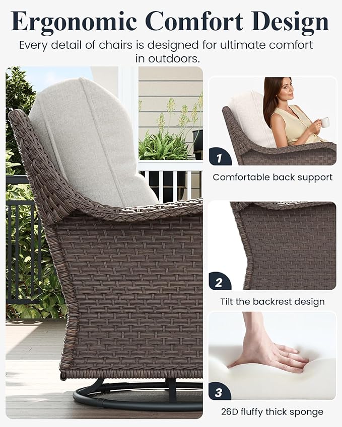 LayinSun 5 Piece Wicker Outdoor Furniture Set with 6-inch Comfy Cushions, High Back Patio Furniture Set with Swivel Rocking Chairs and Fire Pit Table