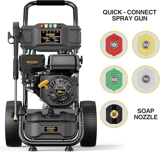BLUBERY 3500PSI Gas Pressure Washer, 2.6GPM 212CC Heavy Power Washer, 30Ft High Pressure Hose&Soap Tank, 5 Adjustable Nozzles, Cleaning for Driveway/Concrete/Vinyl Fencing,Max