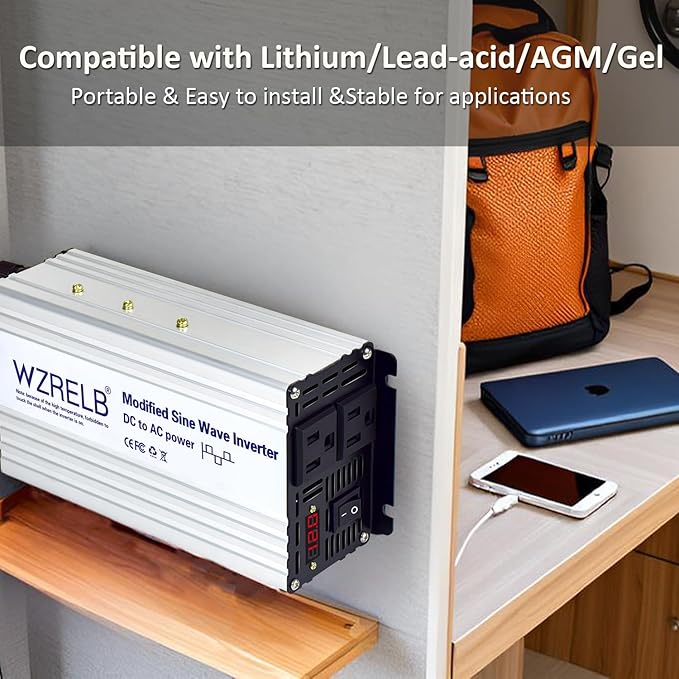 WZRELB 1200W Power Inverter 12V DC to 110V 120V AC,2400W Peak Modified Sine Wave Car Inverter with LED Display,Dual AC Outlets,Soft Starter,Off-Grid Power Converter with High Efficiency up to 90%
