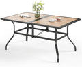 60" Patio Dining Table for 6,Teak Color Rectangle Patio Table with Umbrella Hole,E-Coating and Powder Coating Steel Frame Metal Outdoor Patio Table for Garden Backyard Lawn Yard